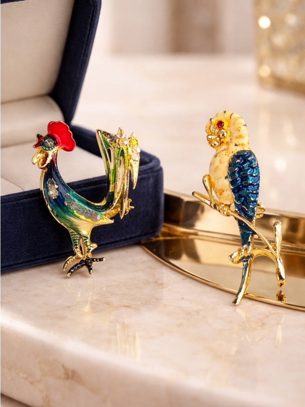 VINTAGE Bird Pins Loy of 2 Brooches Rhinestones Colorful Parrot Rooster